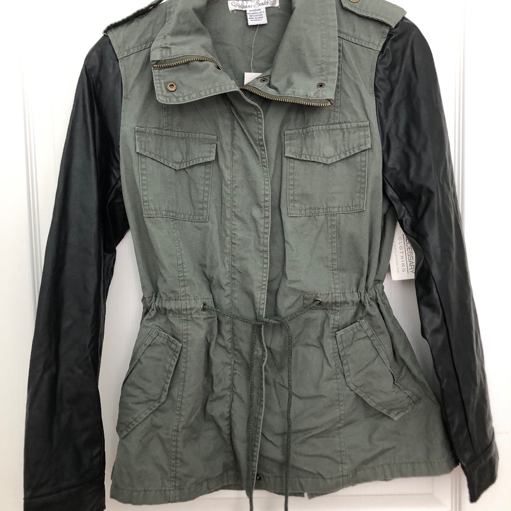 NWT Sans Souci - Necessary Clothing - Jacket Green w/ Black Faux Leather arms M